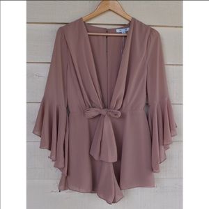 Plunge Bell Sleeve Romper in mocha (purple)